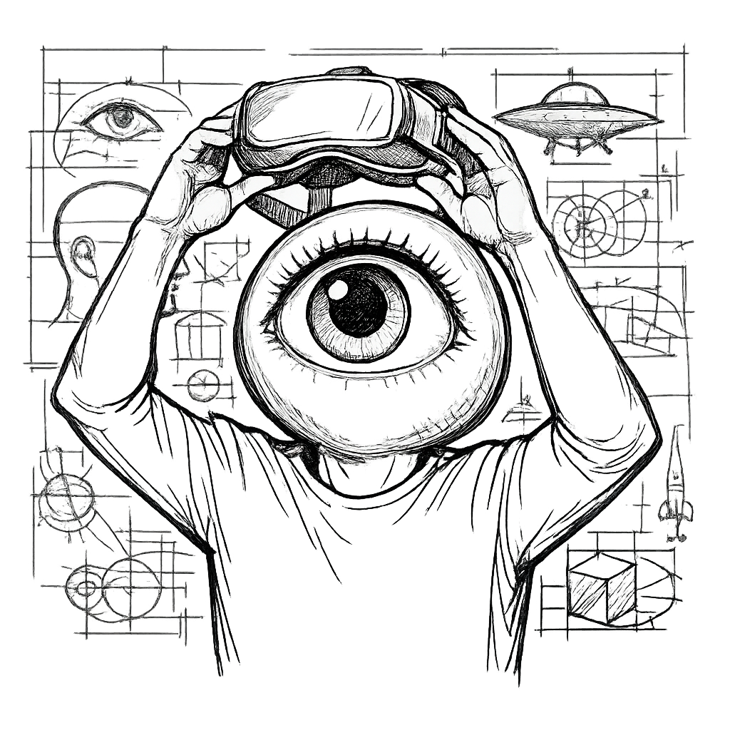 A person wearing virtual reality goggles with a large eye graphic instead of a face, surrounded by sketches of eyes, a UFO, and various geometric shapes.